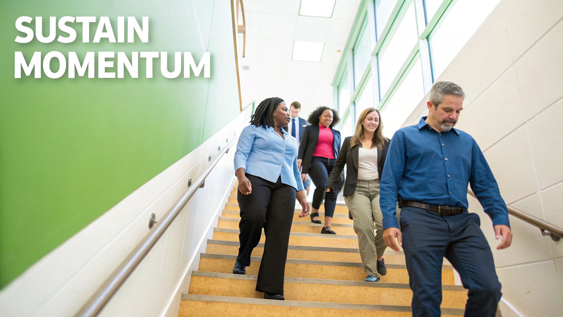 A diverse group of professionals walking down a modern staircase, symbolizing progress and teamwork. A diverse group of professionals walking down a modern staircase, symbolizing progress and teamwork.