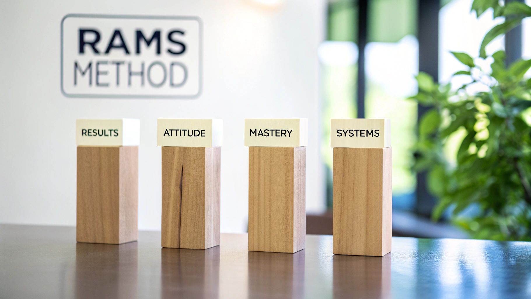 Four wooden blocks spelling RAMS: Results, Attitude, Mastery, Systems, with a RAMS METHOD sign. Four wooden blocks spelling RAMS: Results, Attitude, Mastery, Systems, with a RAMS METHOD sign.
