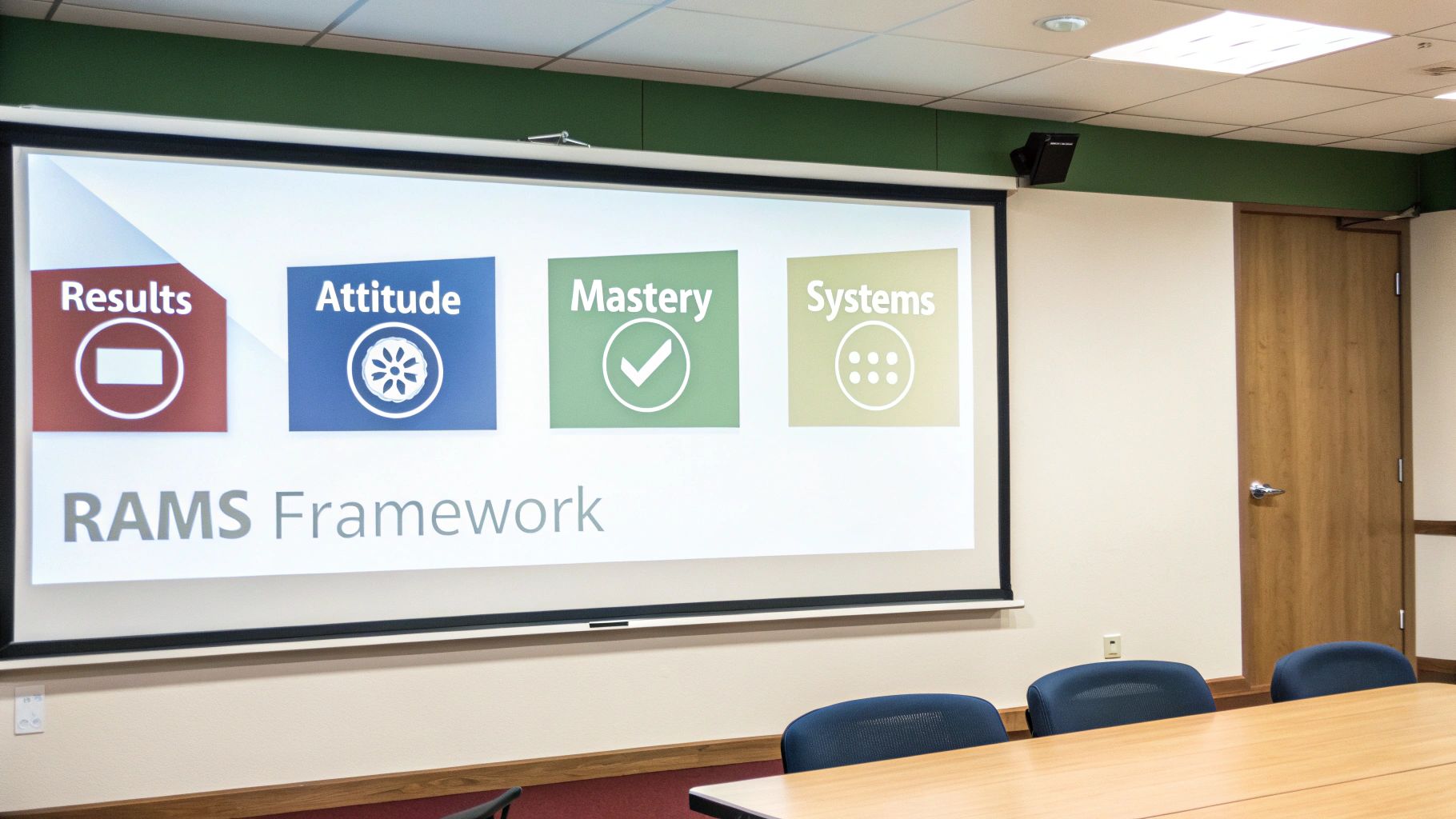 Visual diagram of the RAMS framework, showing four interconnected quadrants for Results, Attitude, Mastery, and Systems.