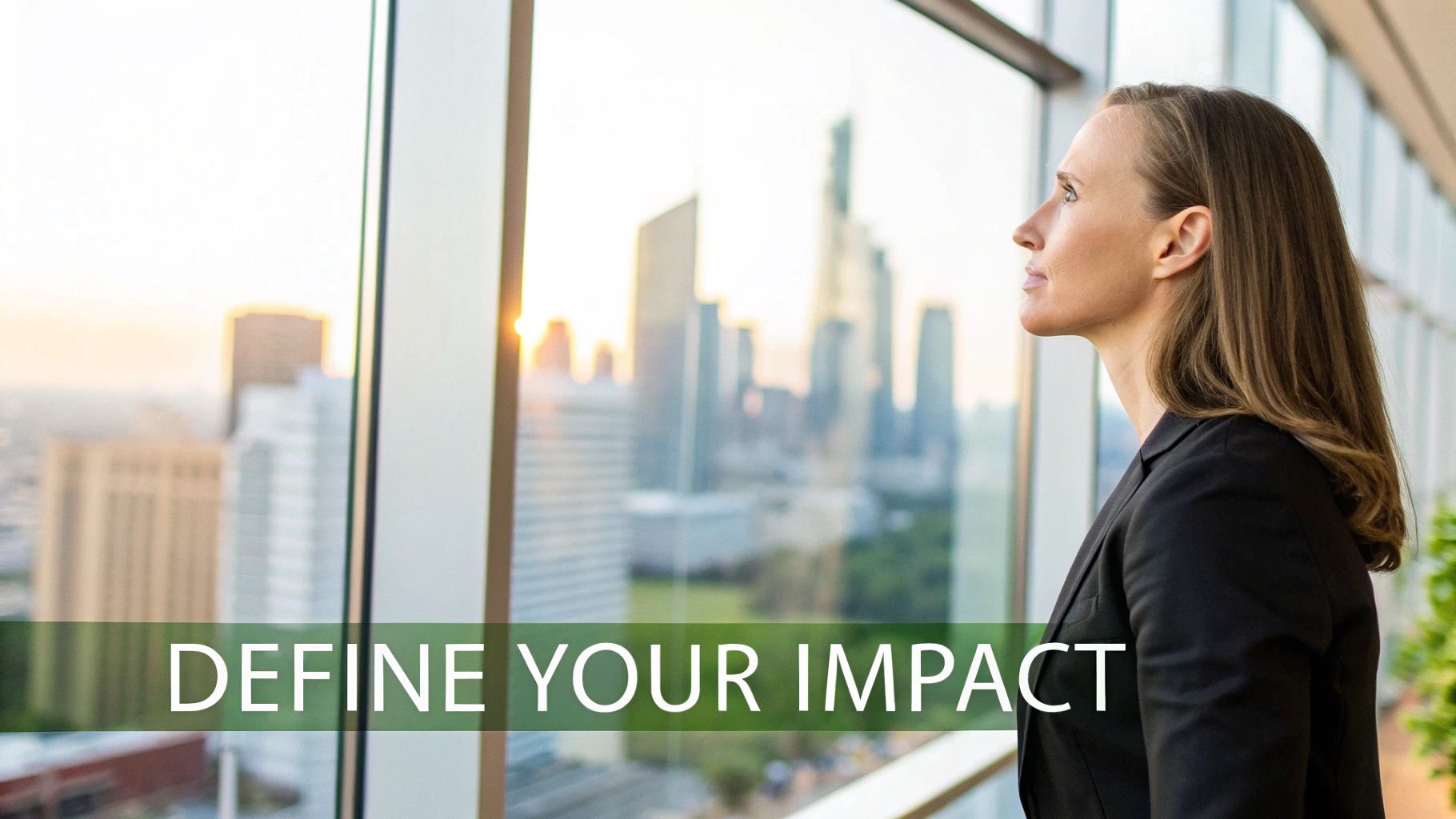 Professional woman in a blazer looking at a city skyline from a window, with 'DEFINE YOUR IMPACT' text.