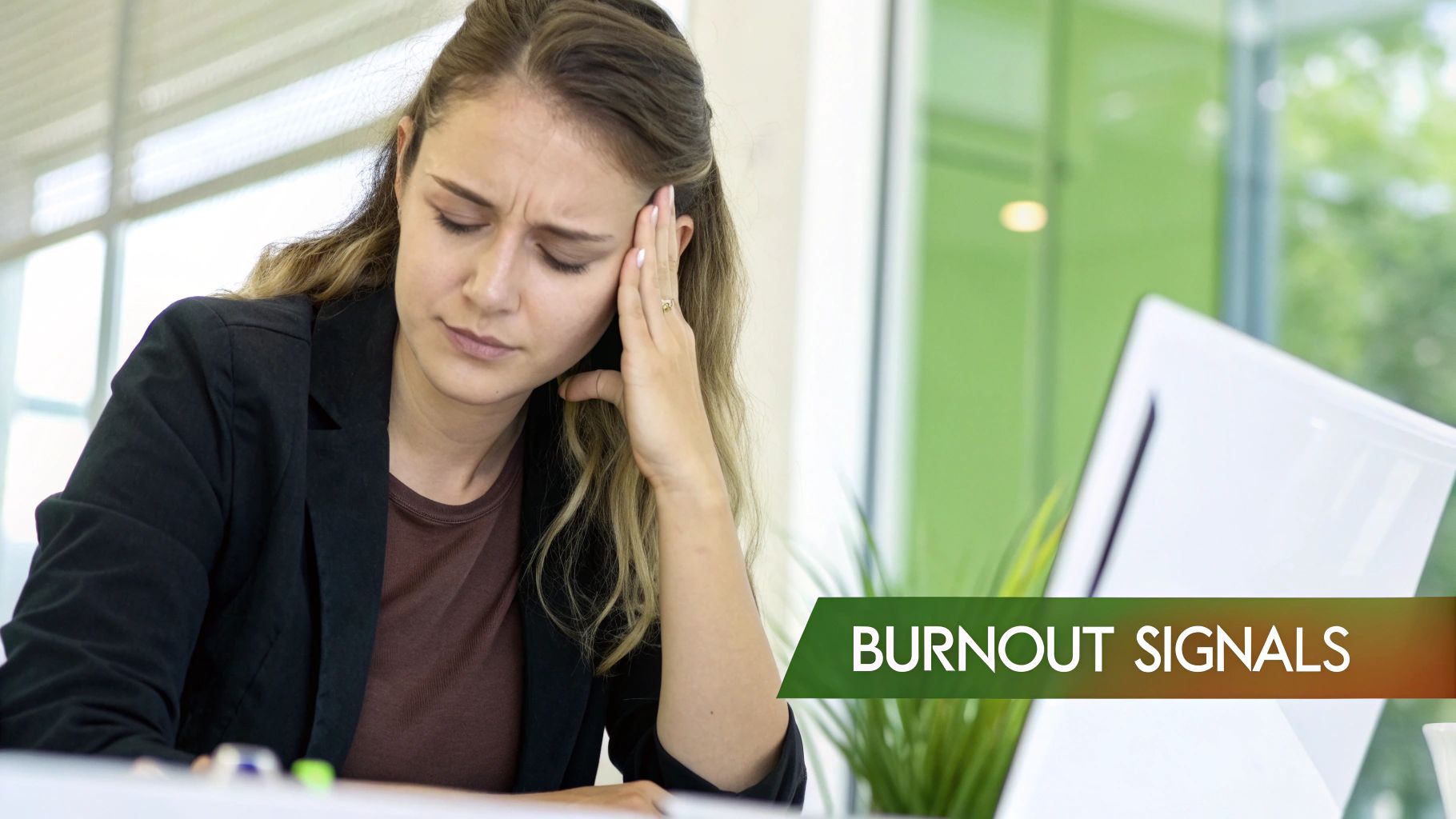A visibly stressed woman holding her head in an office, symbolizing burnout and mental fatigue.