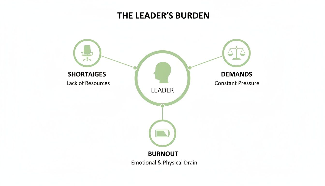 A diagram illustrating a leader's burdens: shortages, demands, and burnout from resources, pressure, and drain. A diagram illustrating a leader's burdens: shortages, demands, and burnout from resources, pressure, and drain.