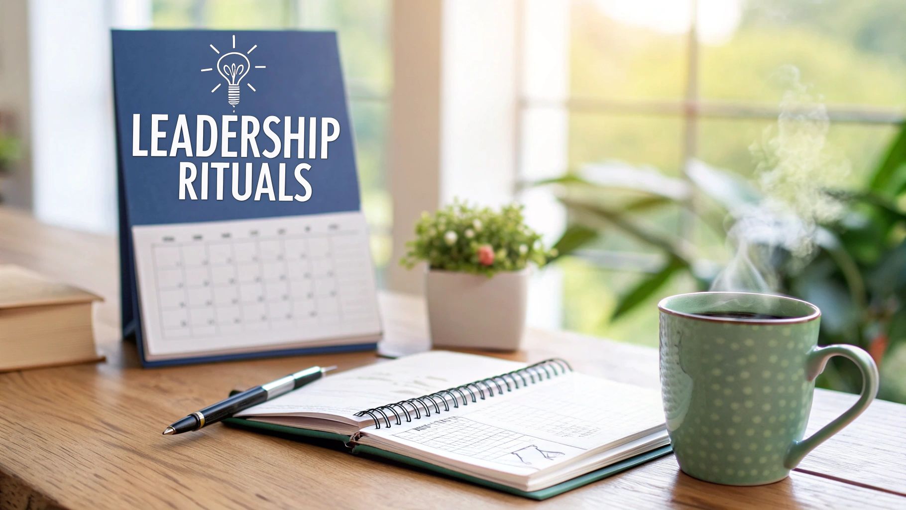 A desk with a calendar displaying 'Leadership Rituals,' a notebook, pen, and a steaming coffee cup.