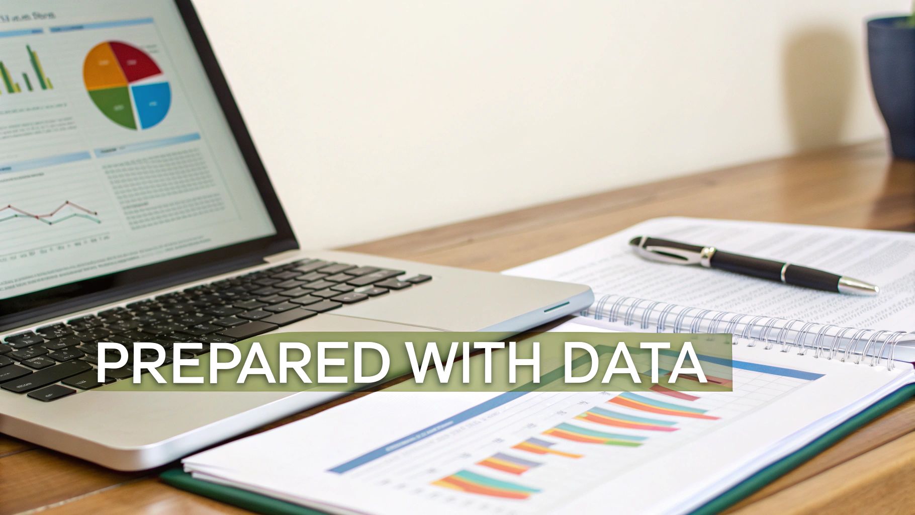 A laptop and open notebook with various data charts and graphs on a wooden desk.
