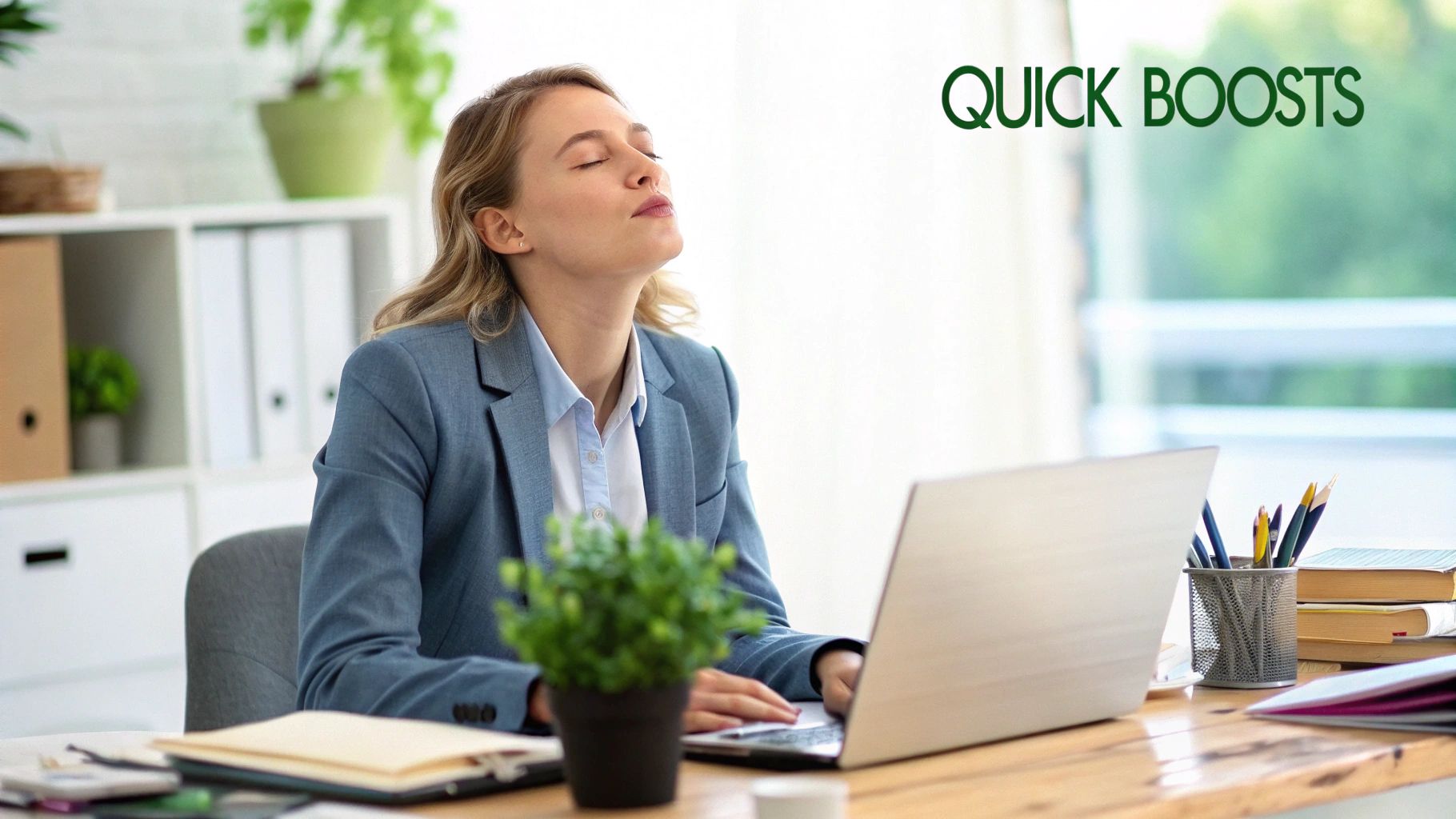Project manager energizing with a quick desk stretch
