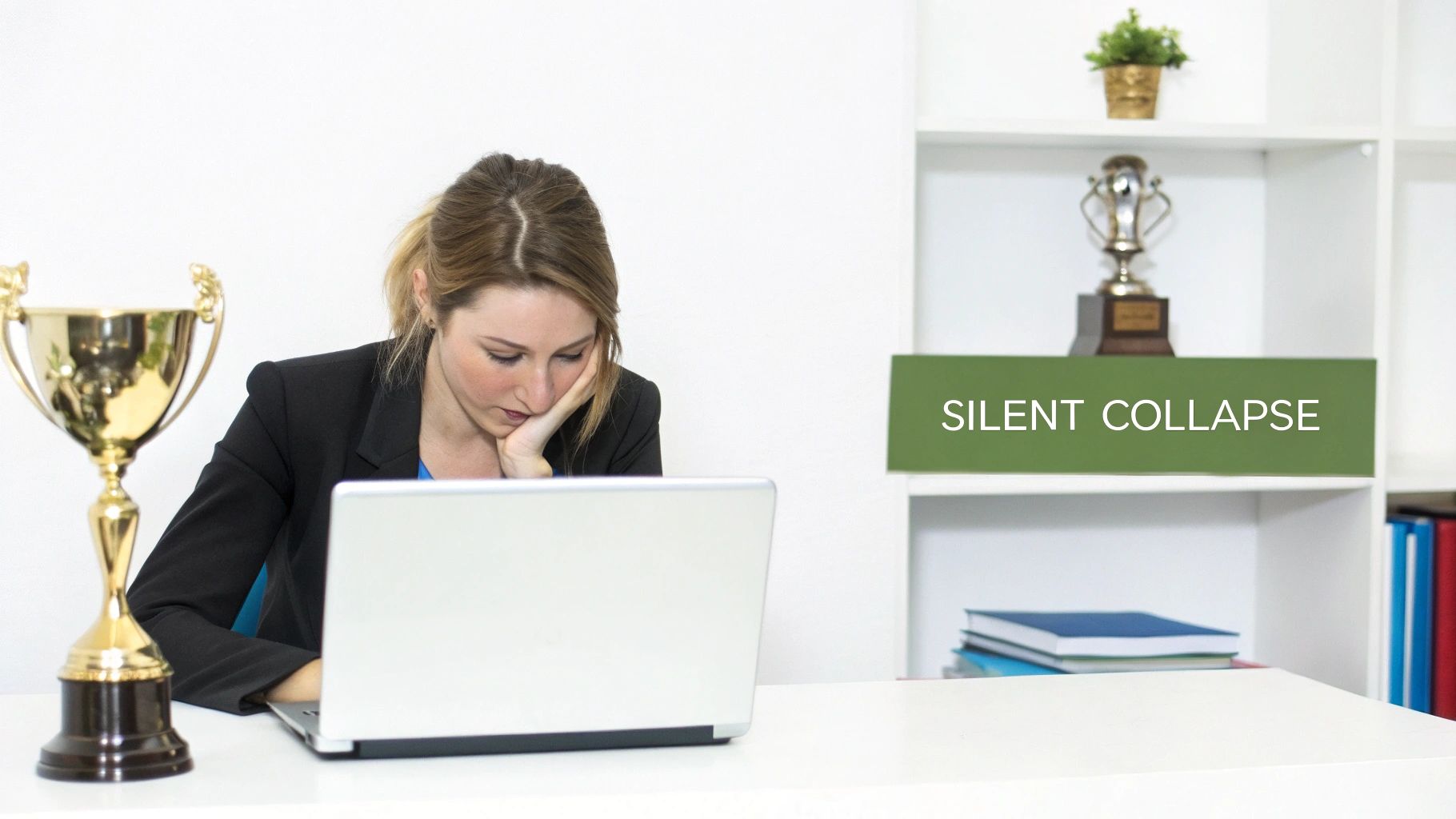 A fatigued woman sits at a desk with a laptop, trophies, and a "SILENT COLLAPSE" sign.
