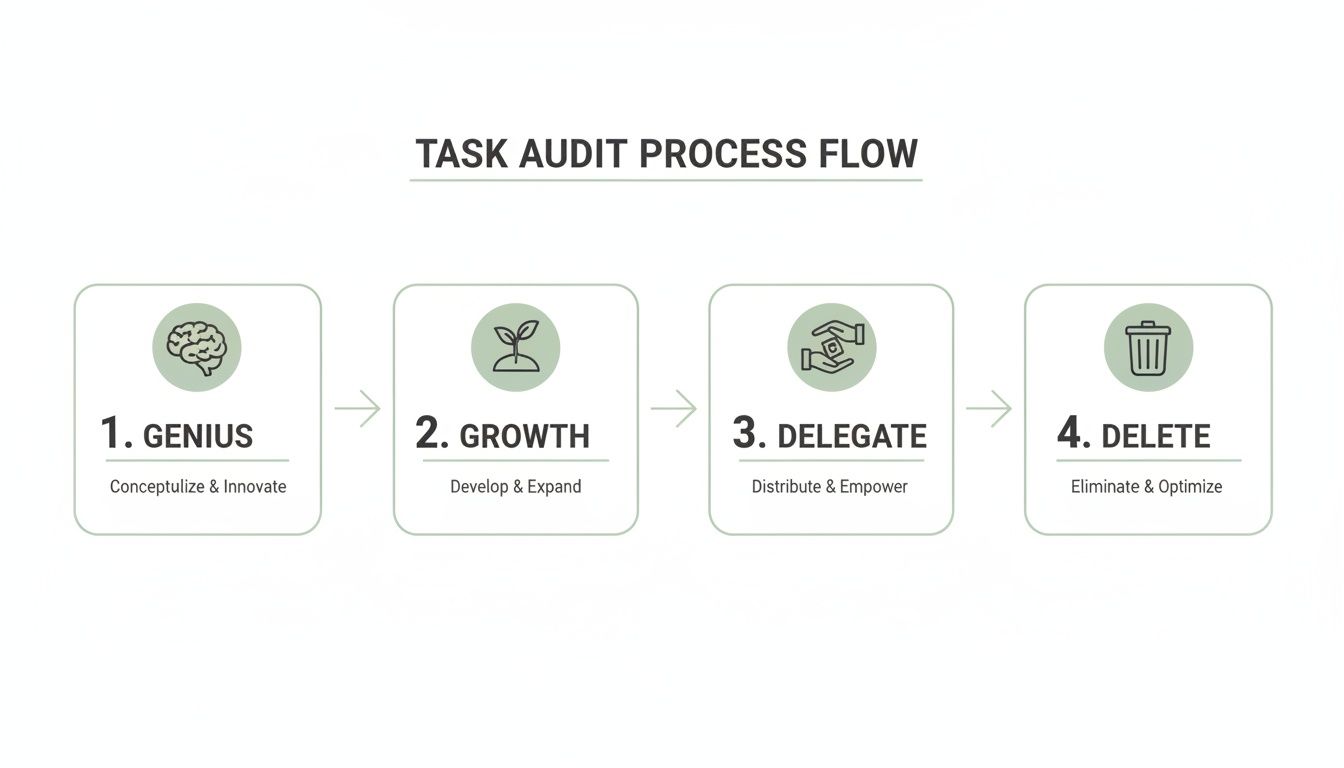A task audit process flow diagram illustrating four steps: Genius, Growth, Delegate, and Delete.