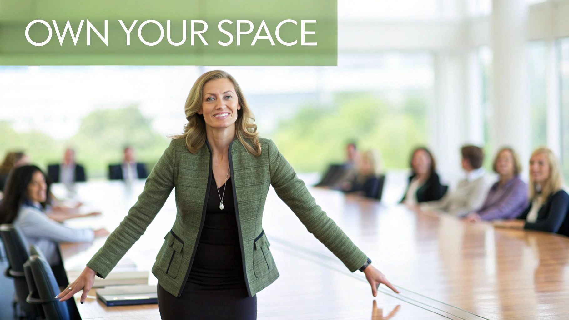 A smiling woman stands at a conference table with blurred colleagues in the background.