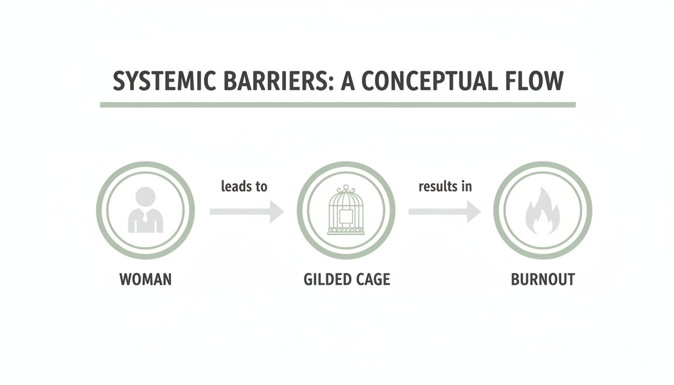 Conceptual flow diagram illustrating systemic barriers: a woman in a gilded cage leads to burnout.