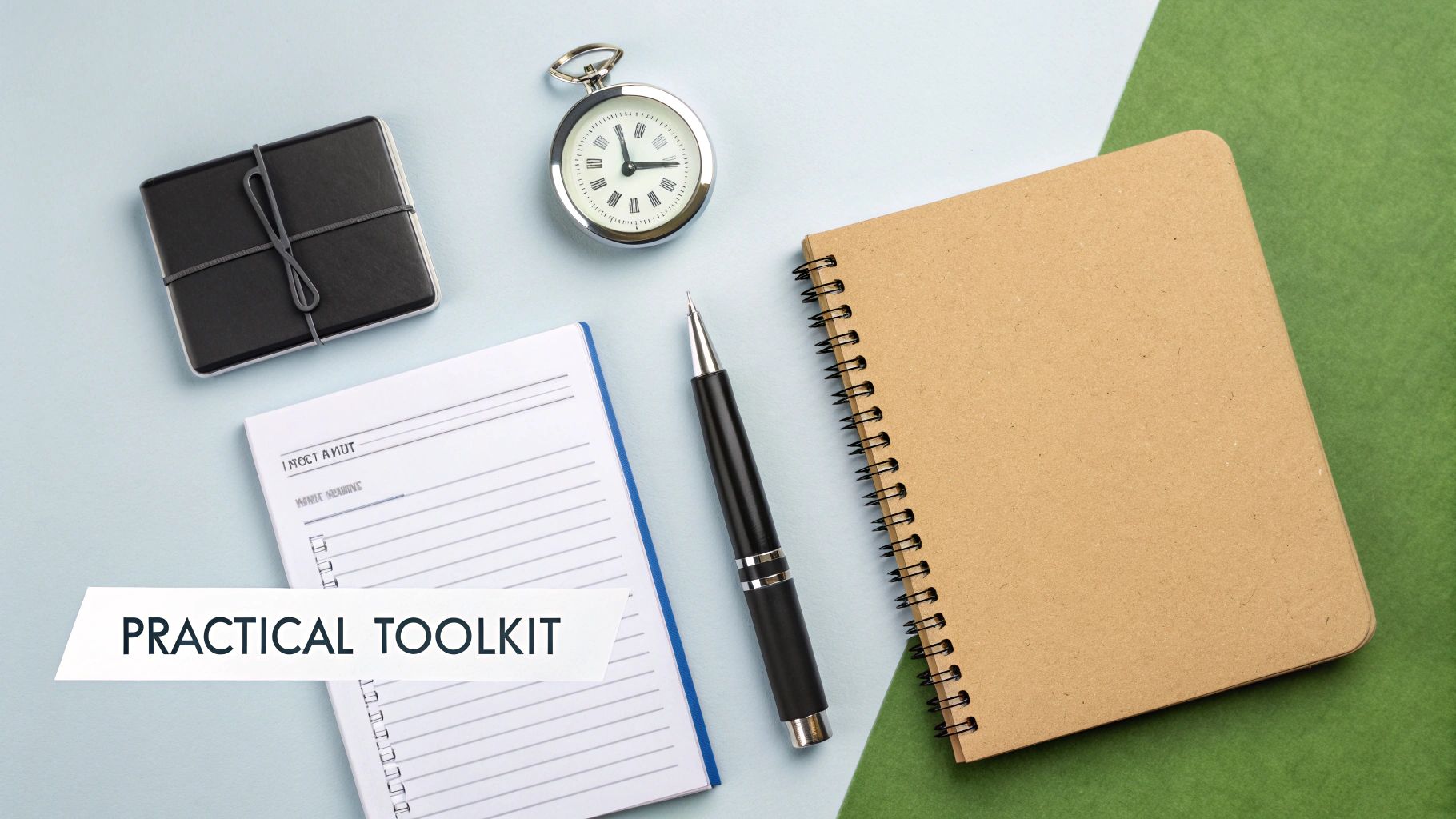A flat lay of a practical toolkit with notebooks, a pen, and a pocket watch on a blue and green desk. A flat lay of a practical toolkit with notebooks, a pen, and a pocket watch on a blue and green desk.