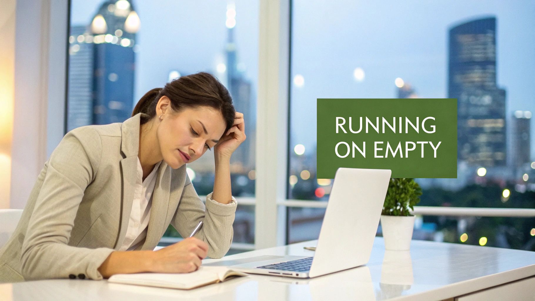 An executive woman looking out a window, contemplating the pressures of leadership.