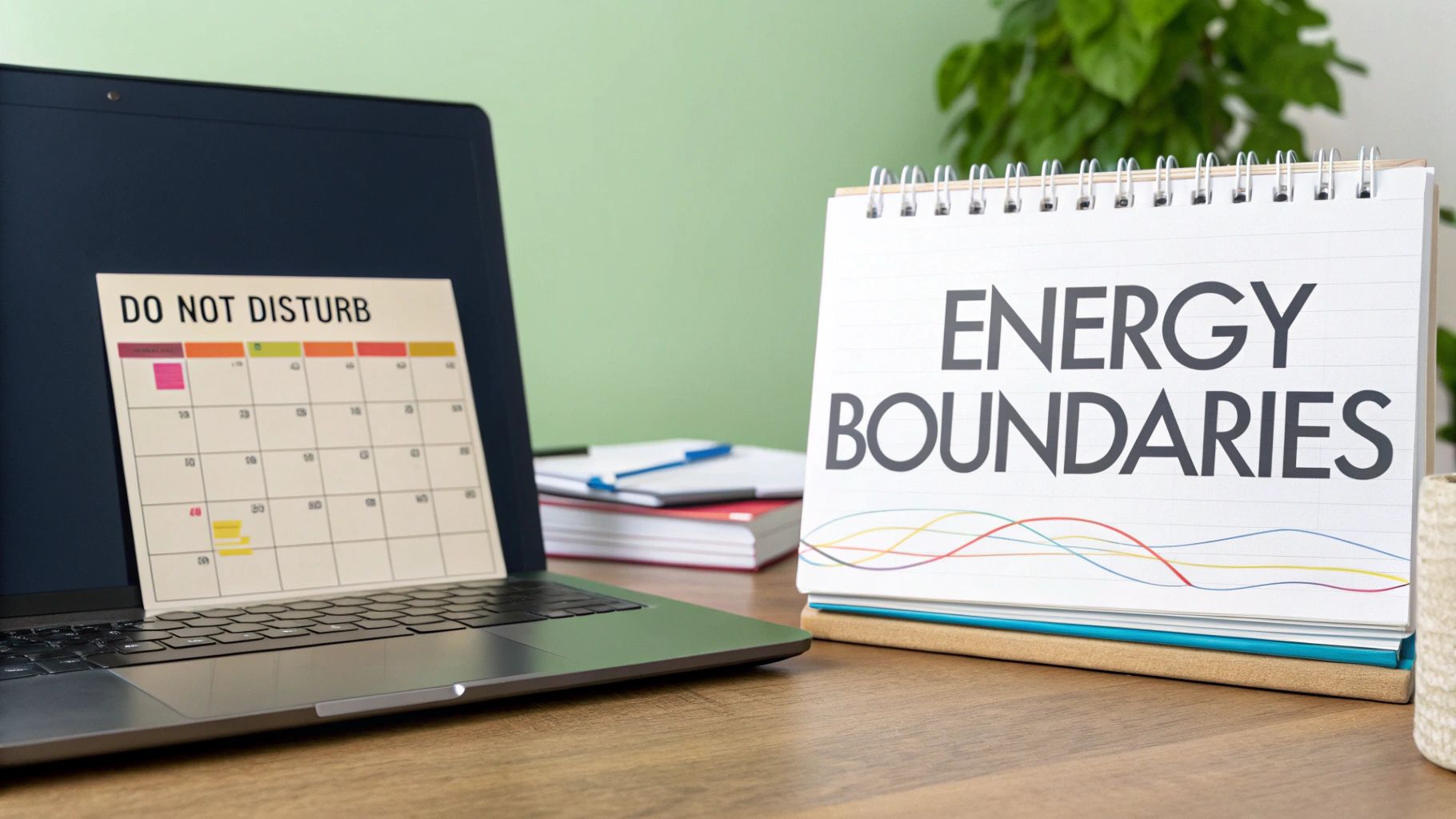 A laptop with a "DO NOT DISTURB" note and a notebook reading "ENERGY BOUNDARIES" on a desk.