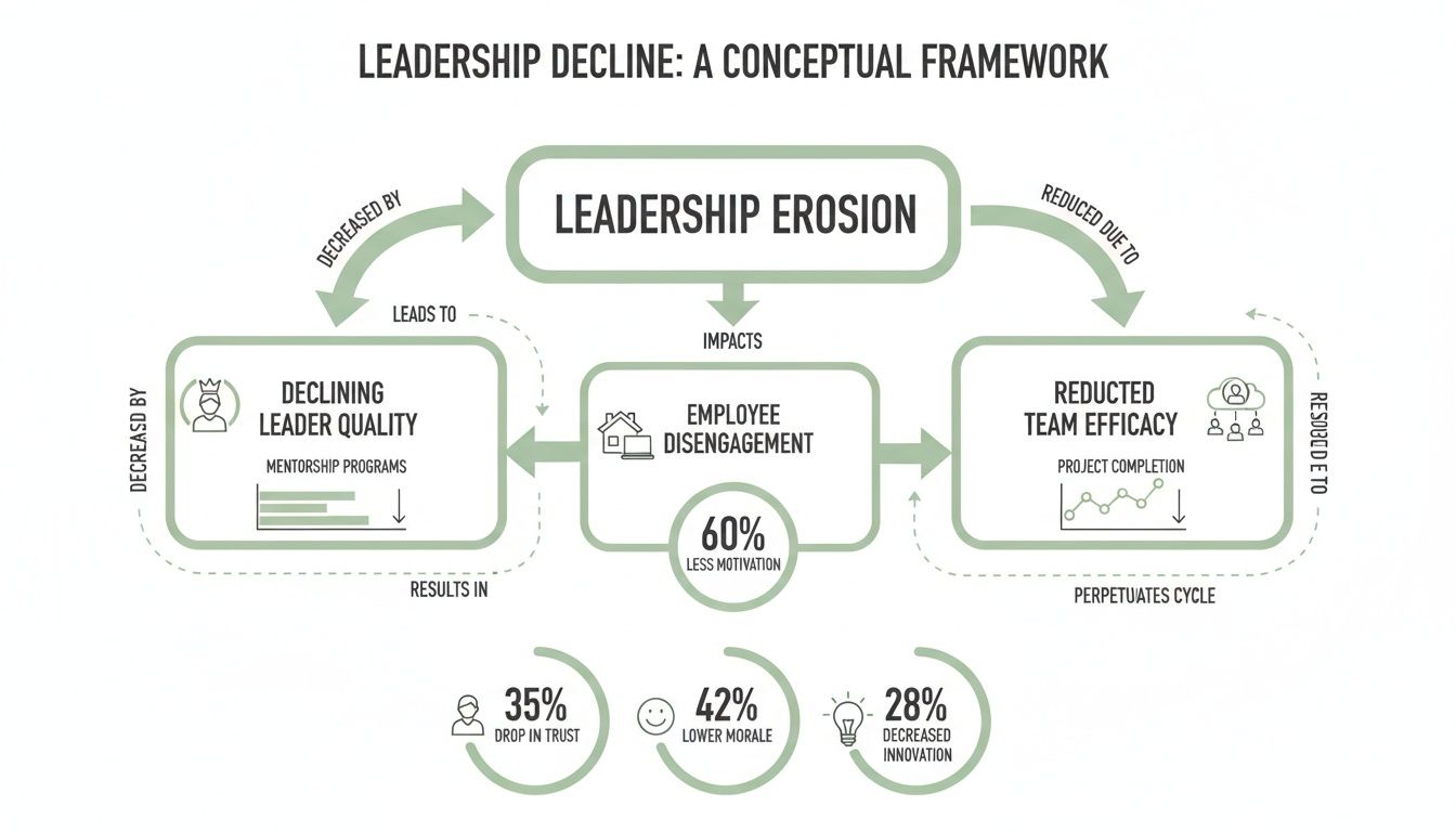 A conceptual framework illustrating leadership decline, erosion, its impact on employee disengagement, and various negative outcomes. A conceptual framework illustrating leadership decline, erosion, its impact on employee disengagement, and various negative outcomes.