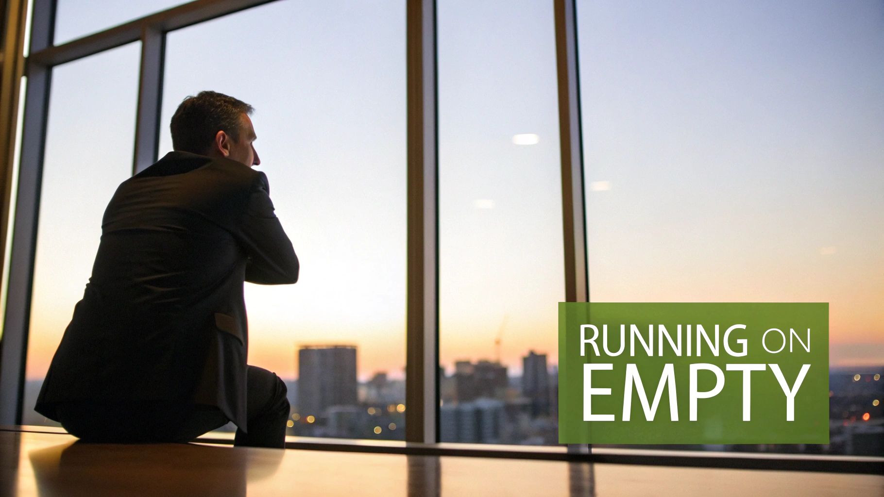 A man in a suit contemplates the cityscape from a high-rise window, feeling 'RUNNING ON EMPTY'.