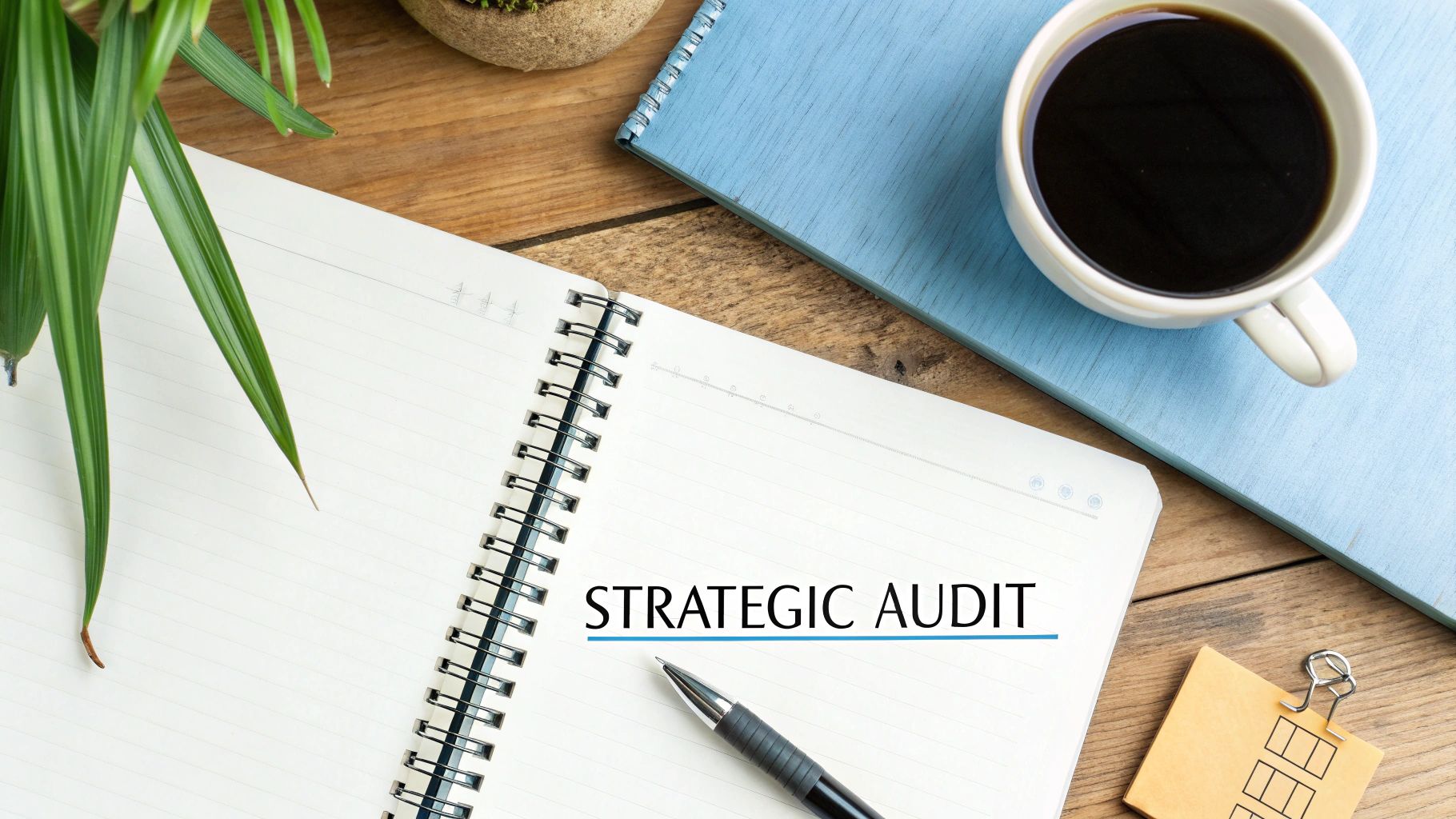 Strategic audit notebook on wooden desk with coffee cup, pen, and office supplies Strategic audit notebook on wooden desk with coffee cup, pen, and office supplies