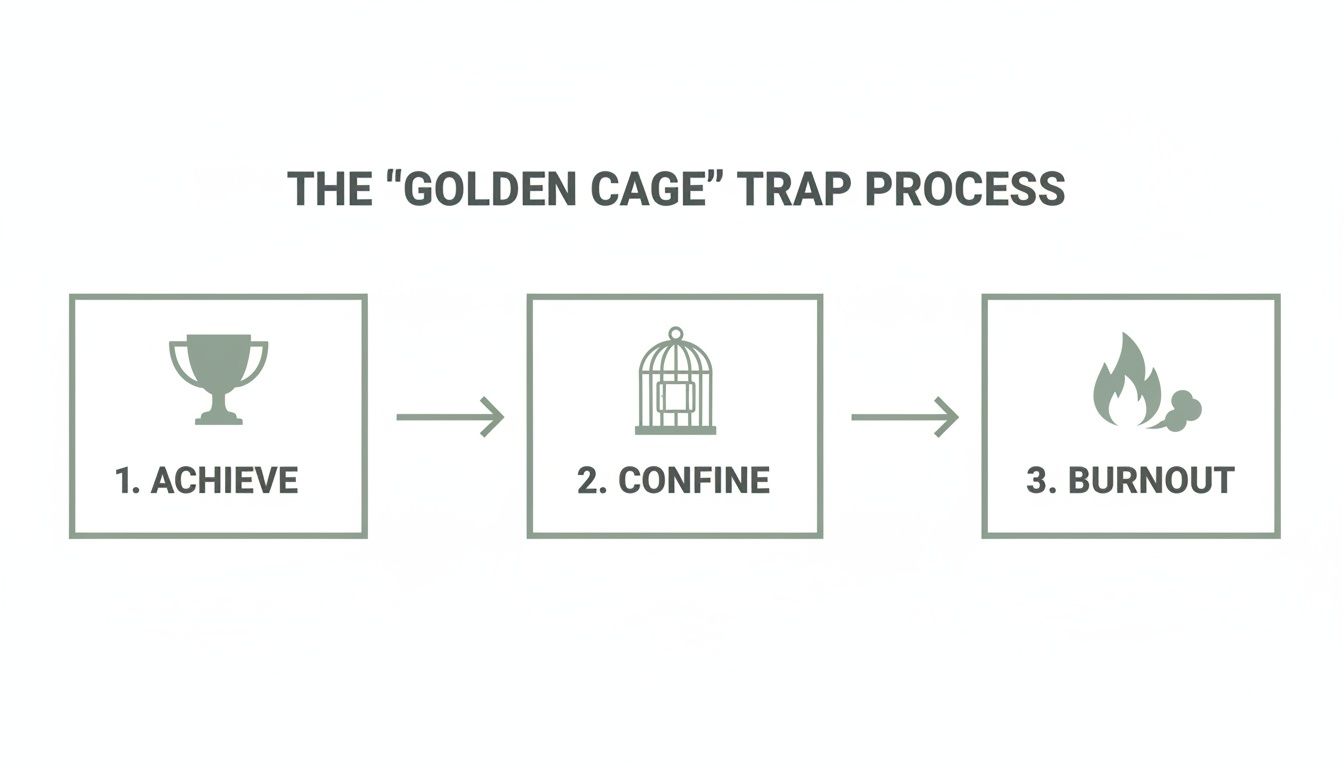 A three-step diagram illustrating the 'Golden Cage' Trap Process: Achieve (trophy), Confine (birdcage), and Burnout (flames).