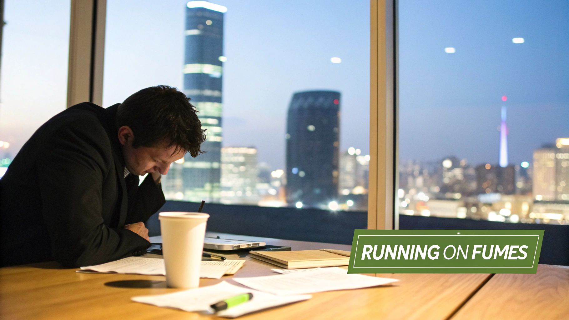 A man in a suit looks exhausted while working at a desk late at night, city skyline visible.
