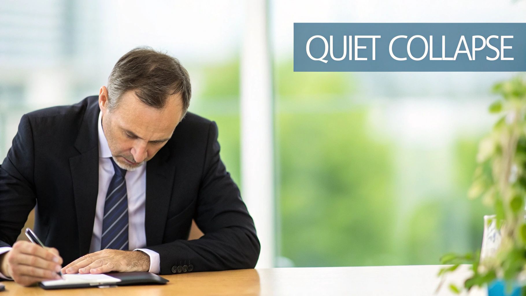 A businessman in a suit intently writing at a desk with 'QUIET COLLAPSE' text overlay.