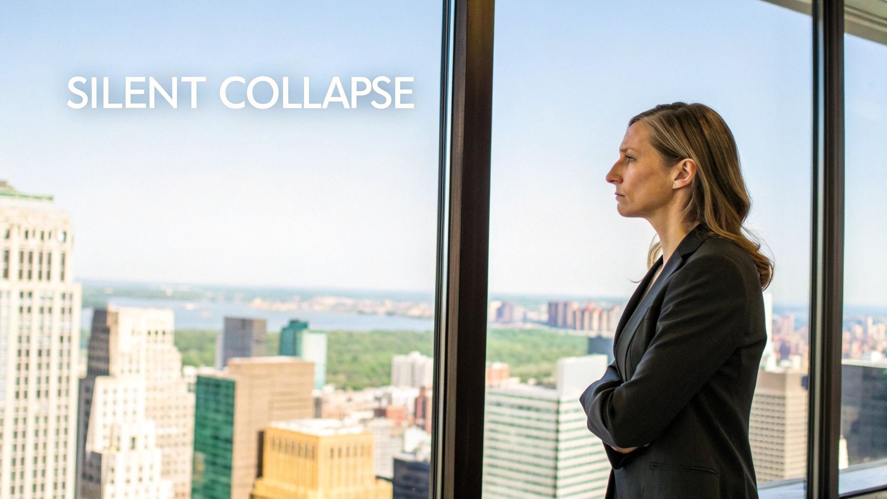 A businesswoman in a suit stands by a large window, looking out at a cityscape, with the text 'SILENT COLLAPSE' overlaid. A businesswoman in a suit stands by a large window, looking out at a cityscape, with the text 'SILENT COLLAPSE' overlaid.