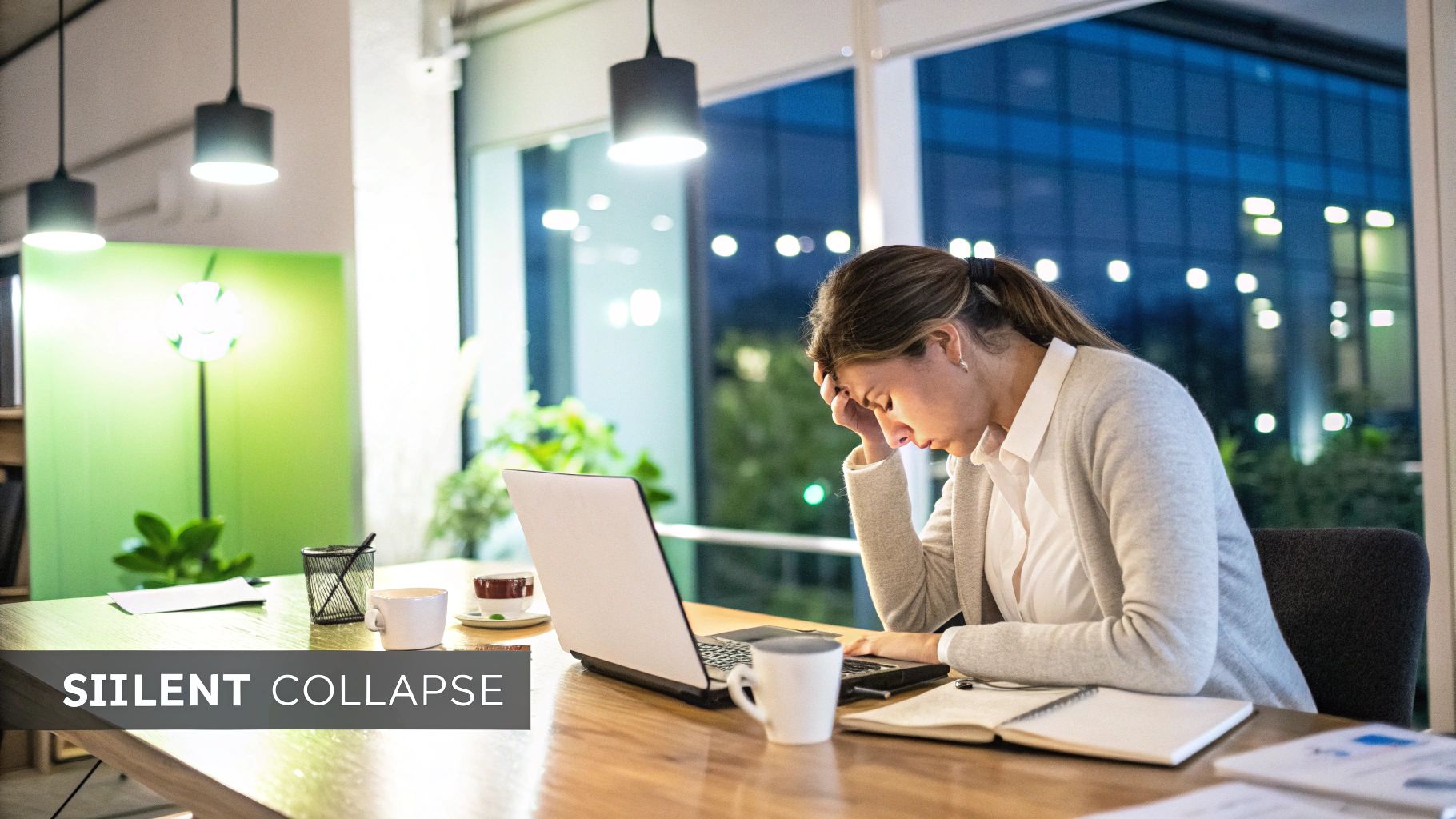 Stressed businesswoman working late at office desk looking exhausted and overwhelmed at laptop