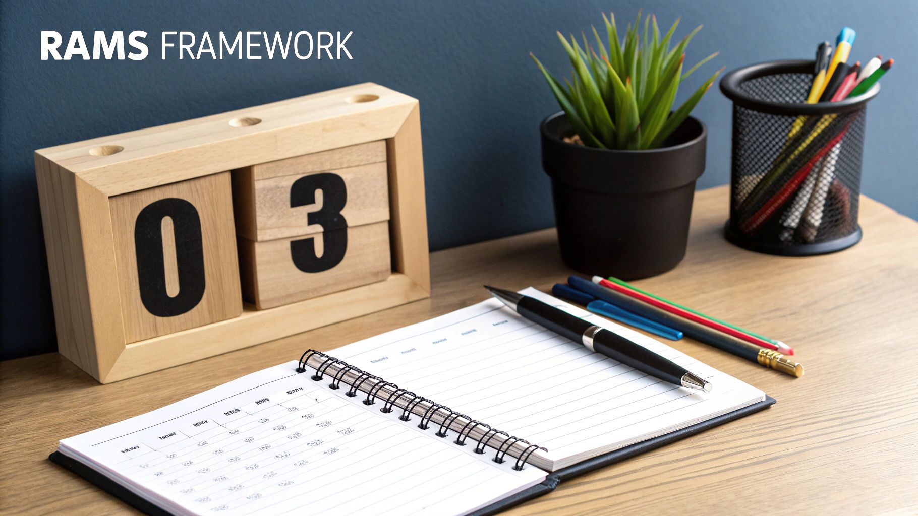 A woman at her desk, calmly sipping tea, with a clear and organized workspace, symbolizing a sense of control and sovereignty over her professional environment.