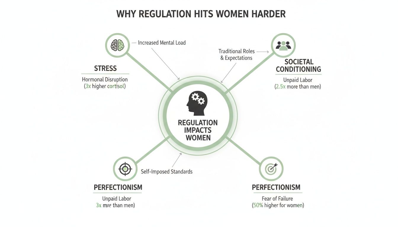 Infographic illustrating how regulation disproportionately impacts women due to stress, societal conditioning, and perfectionism.