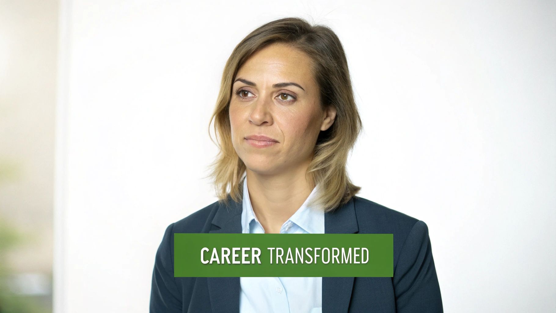A professional woman in a dark suit looking thoughtfully, with a green banner displaying 'CAREER TRANSFORMED'.
