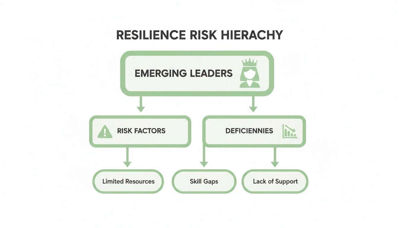 A diagram illustrating the Resilience Risk Hierarchy for Emerging Leaders, outlining risk factors and deficiencies.