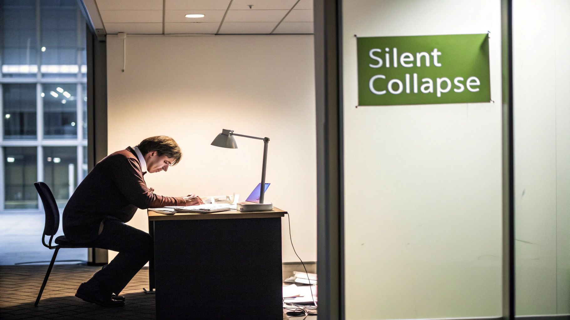 A man intensely focused, working at a desk under a lamp, with a 'Silent Collapse' sign nearby.
