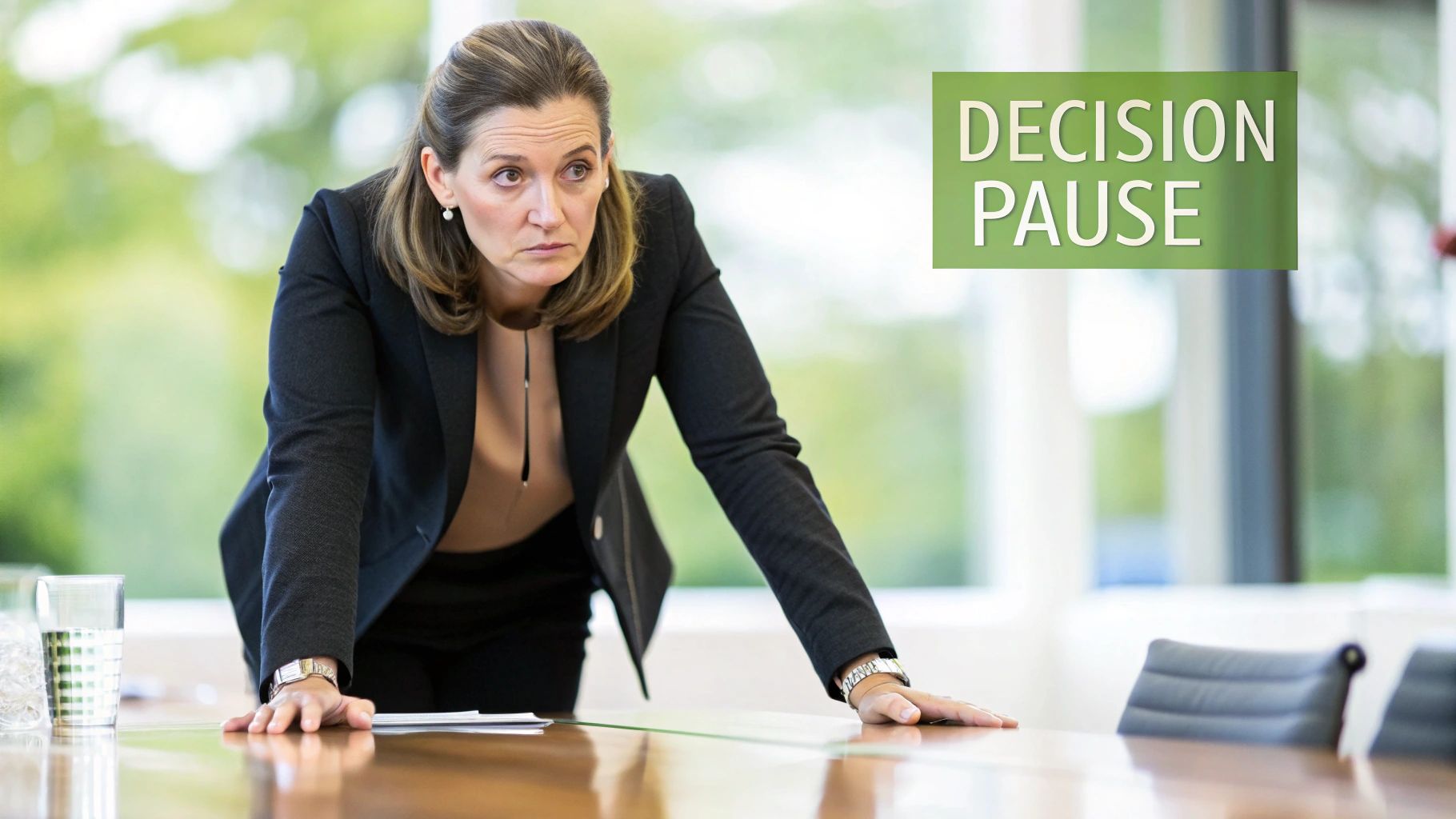 A serious businesswoman leans on a conference table, contemplating a decision during a pause. A serious businesswoman leans on a conference table, contemplating a decision during a pause.