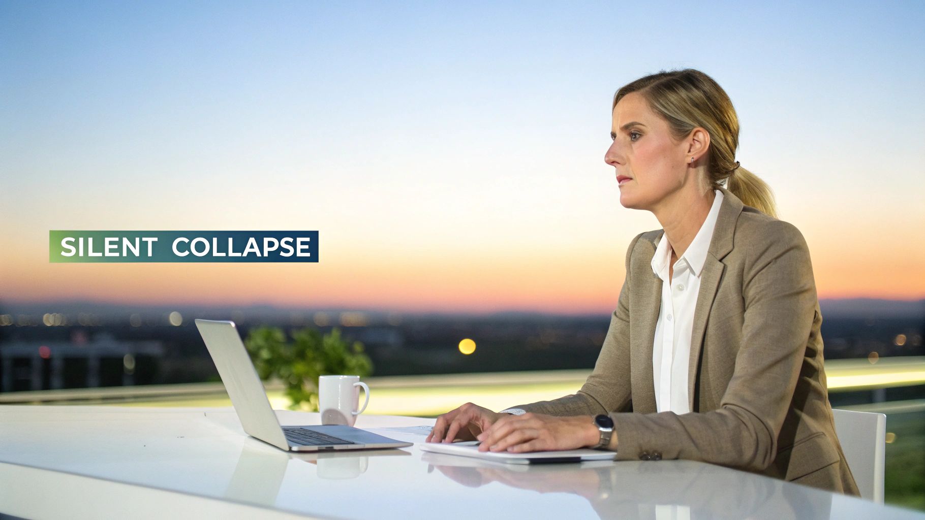 A businesswoman works on a laptop outdoors at sunset, looking thoughtful and serious. A businesswoman works on a laptop outdoors at sunset, looking thoughtful and serious.