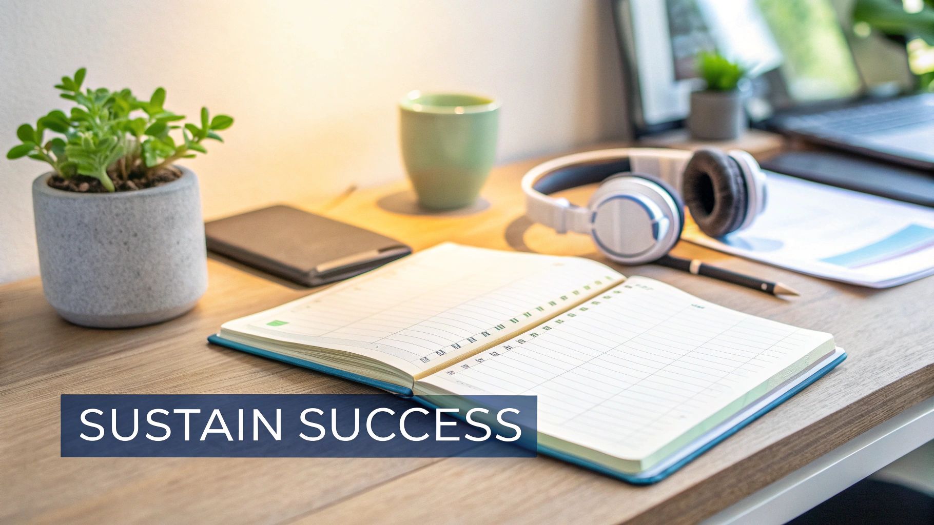 A neatly organized desk with an open planner, headphones, plant, and phone, symbolizing productivity.