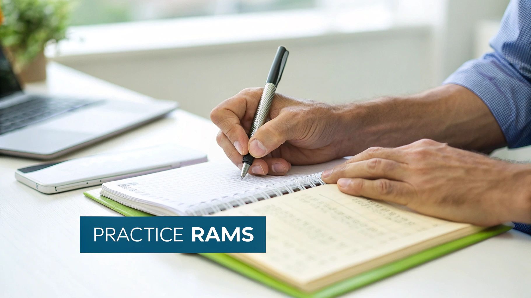 A person's hands are shown writing in a spiral notebook with a pen on a desk, next to a laptop and smartphone.
