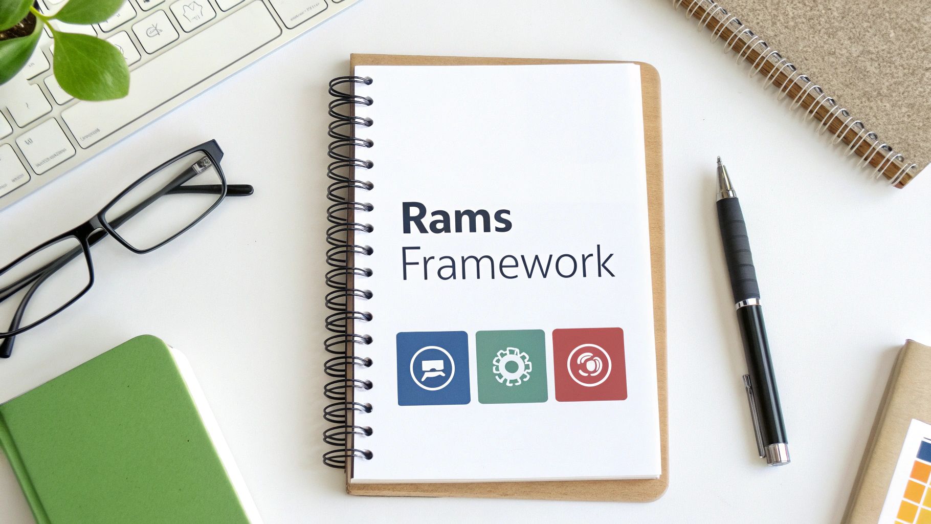 A top-down view of a white desk with a notebook open to 'Rams Framework', keyboard, glasses, and pen. A top-down view of a white desk with a notebook open to 'Rams Framework', keyboard, glasses, and pen.