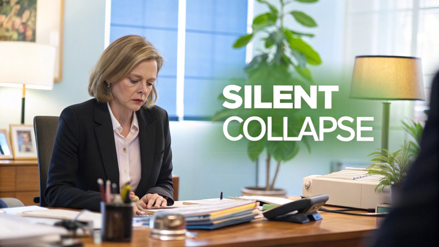 A businesswoman in a suit intently reviews documents at her office desk with text 'Silent Collapse'.