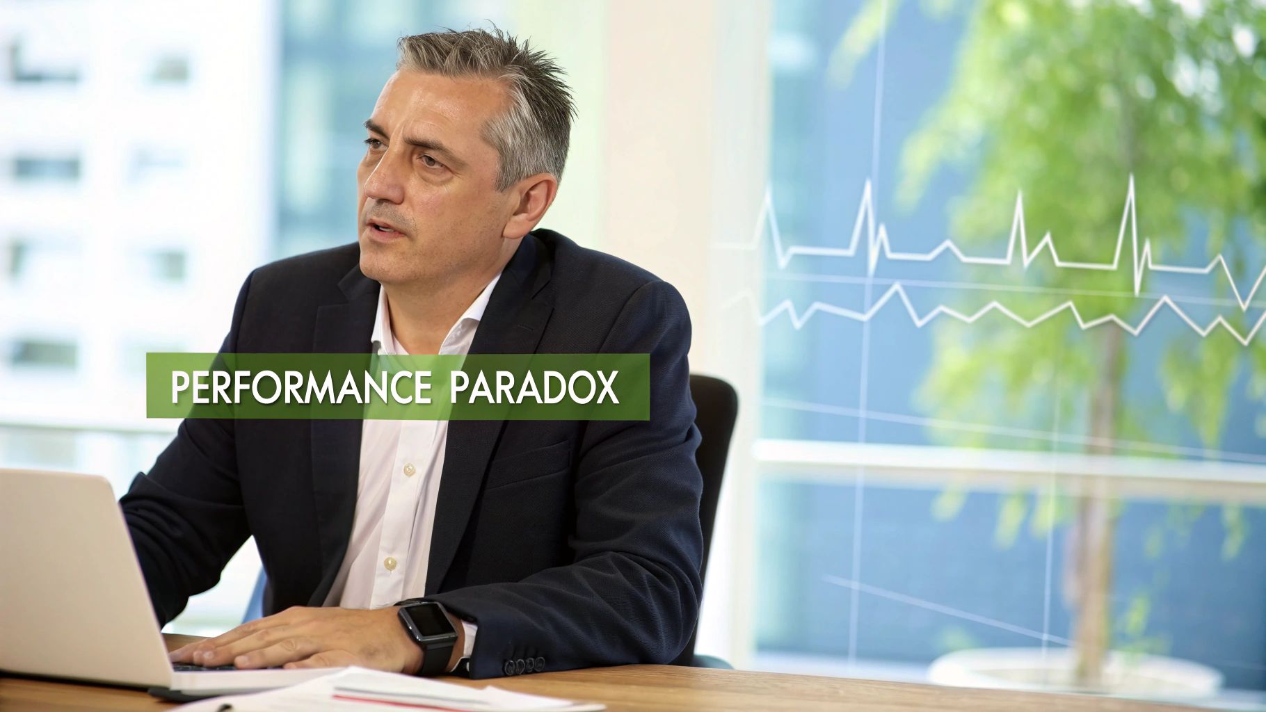 Focused executive working on a laptop with 'PERFORMANCE PARADOX' text and abstract data graphs. Focused executive working on a laptop with 'PERFORMANCE PARADOX' text and abstract data graphs.