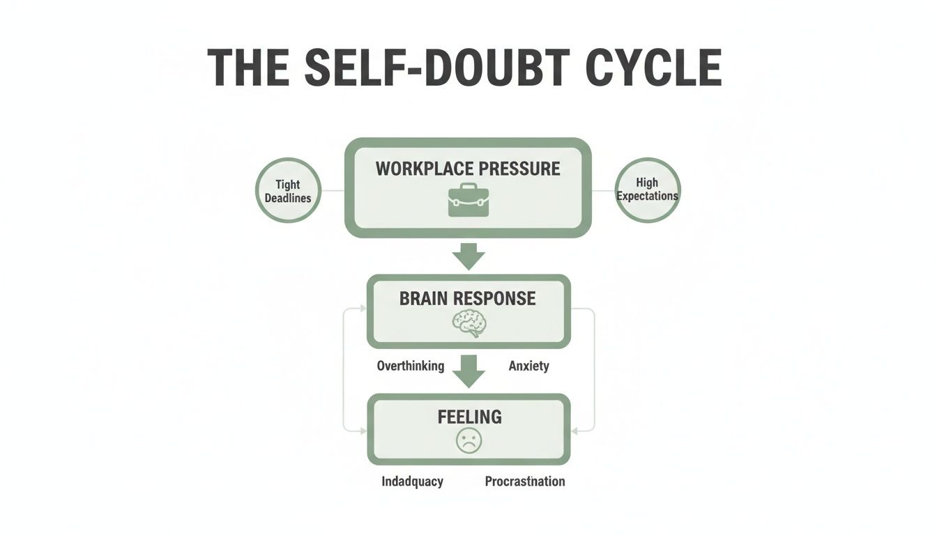 Diagram illustrating the self-doubt cycle, from workplace pressure to feelings of inadequacy and procrastination. Diagram illustrating the self-doubt cycle, from workplace pressure to feelings of inadequacy and procrastination.