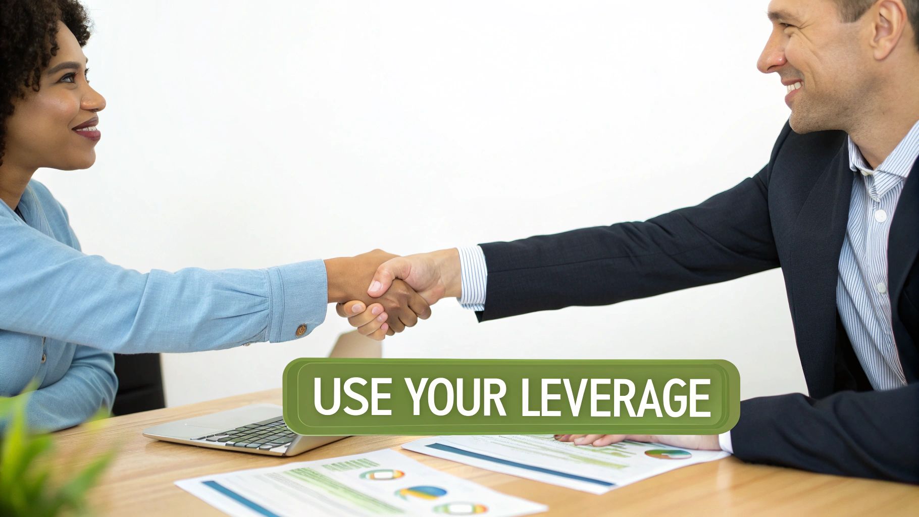 A confident executive woman discussing terms in a bright, modern meeting room, demonstrating calm control. A confident executive woman discussing terms in a bright, modern meeting room, demonstrating calm control.