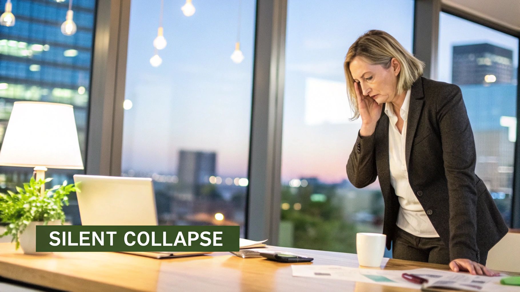 A distressed businesswoman holding her head at a modern office desk with city views, looking overwhelmed.
