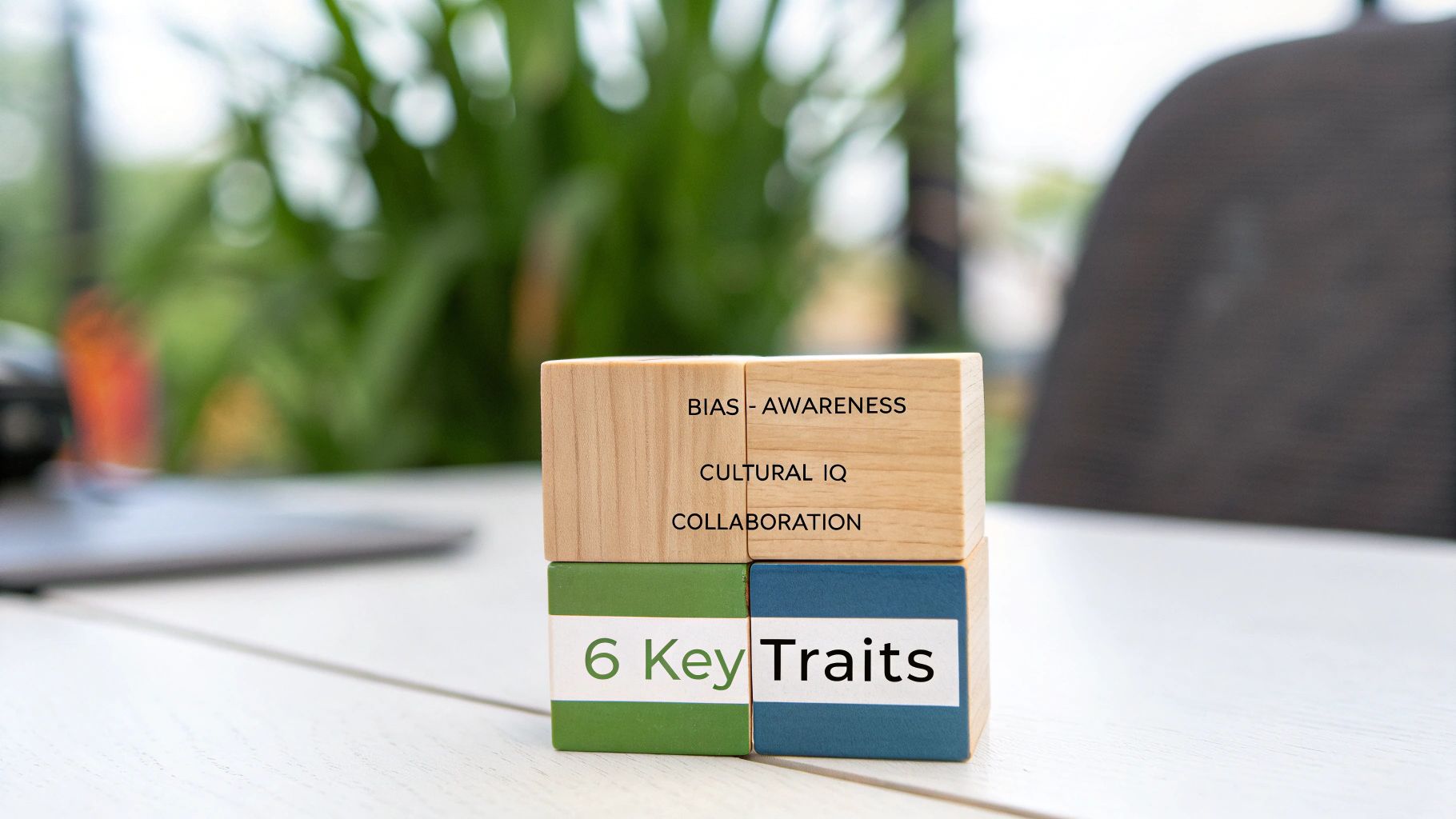 Wooden blocks displaying 'Bias - Awareness', 'Cultural IQ', 'Collaboration', and '6 Key Traits' on a table. Wooden blocks displaying 'Bias - Awareness', 'Cultural IQ', 'Collaboration', and '6 Key Traits' on a table.