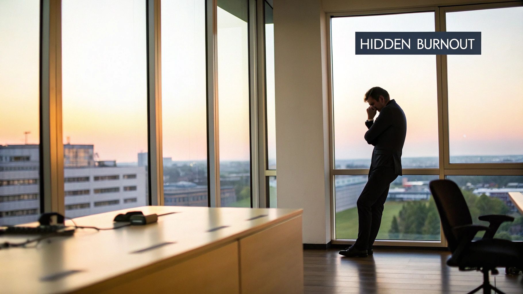 A man in a suit leans against an office window at sunset, appearing stressed, with 'Hidden Burnout' text overlay.