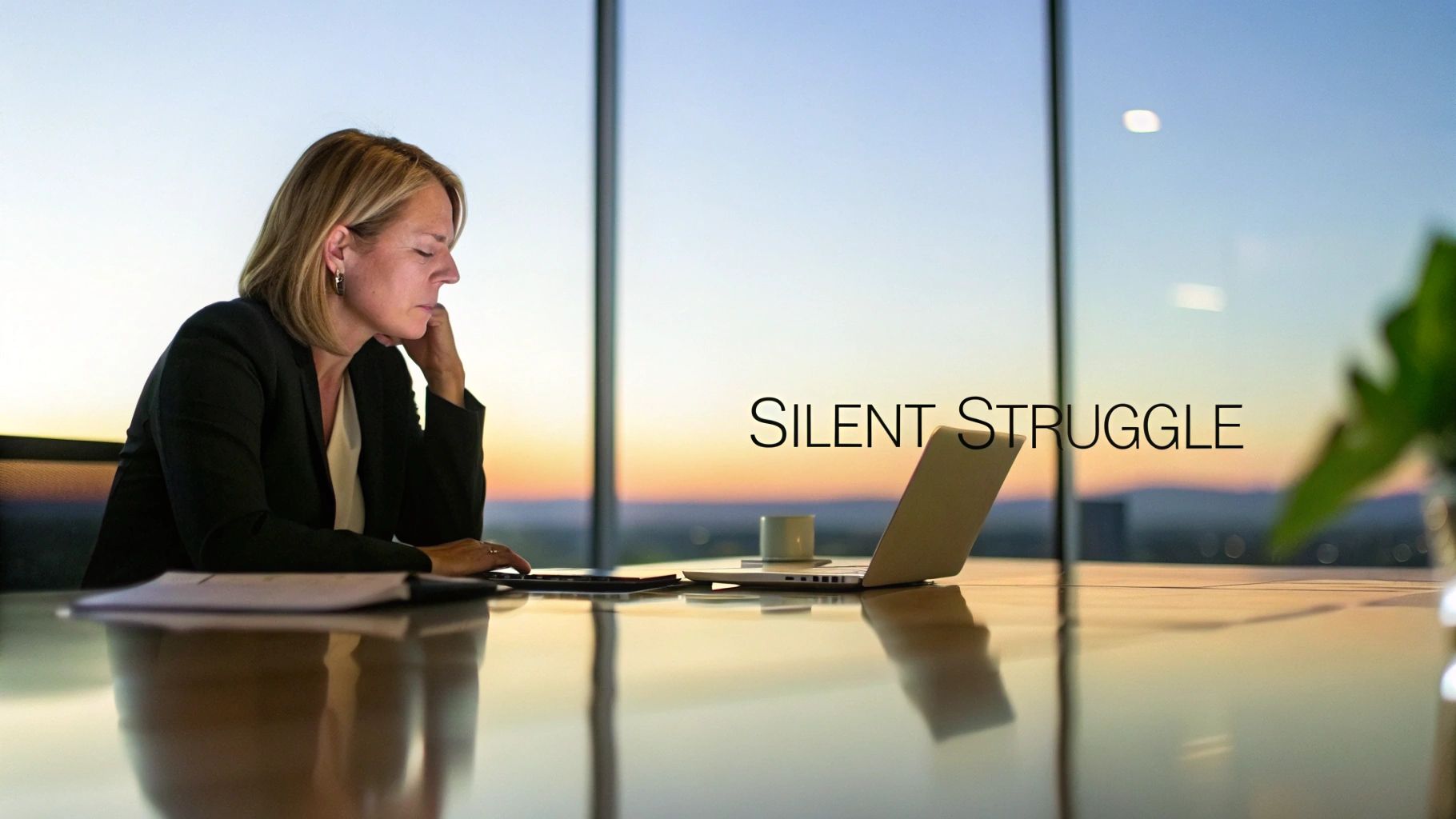 Pensive businesswoman at her desk with a laptop, reflecting on challenges during sunset. Pensive businesswoman at her desk with a laptop, reflecting on challenges during sunset.