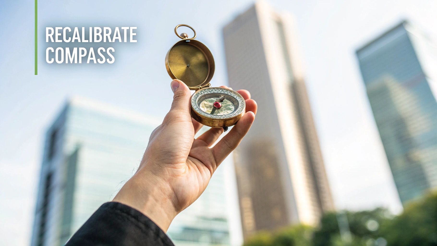 A hand holds an antique compass pointing towards blurred modern city skyscrapers under a bright sky. A hand holds an antique compass pointing towards blurred modern city skyscrapers under a bright sky.