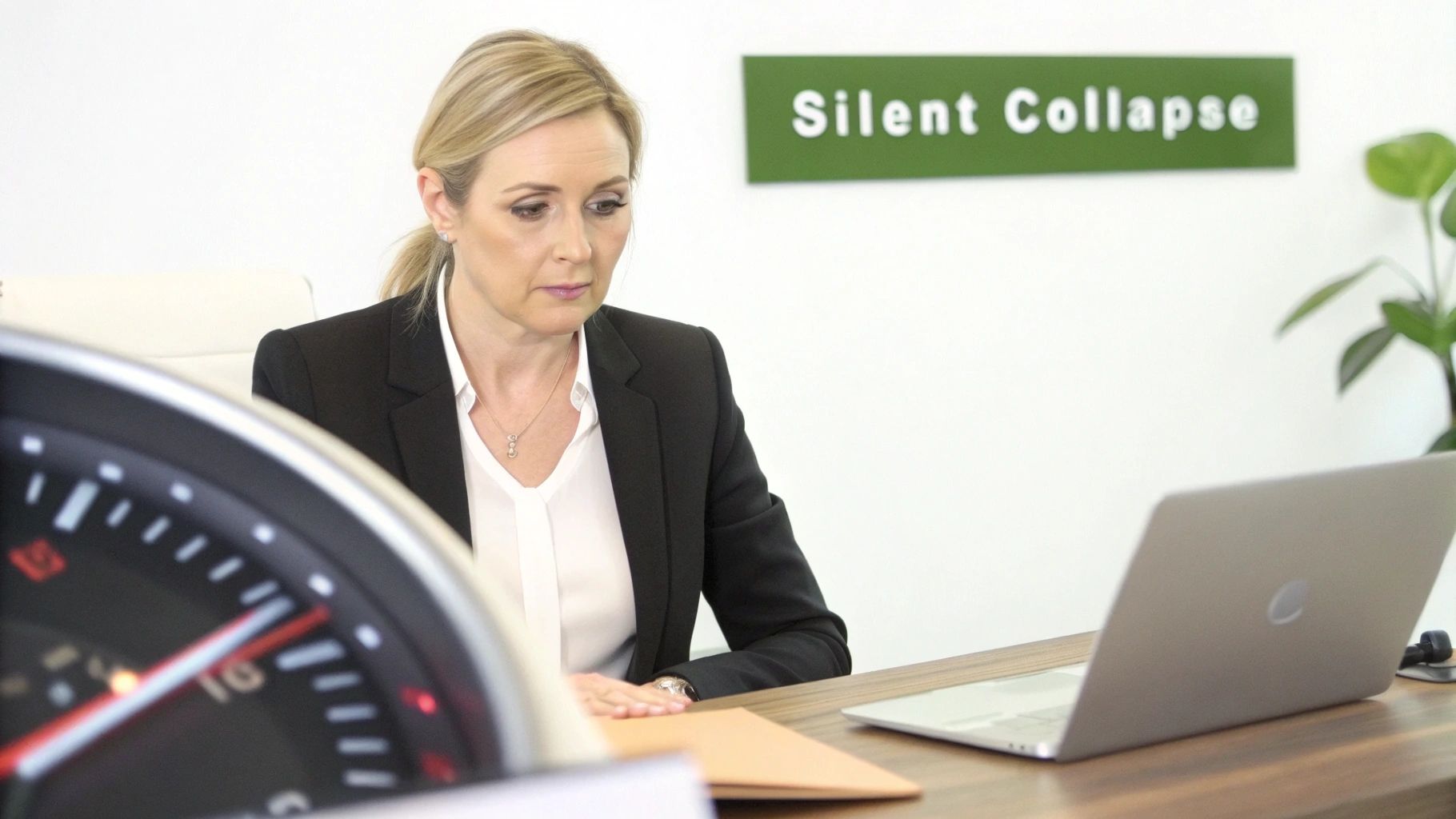 A professional woman in a blazer works at an office desk with a laptop and a sign 'Silent Collapse' behind her.