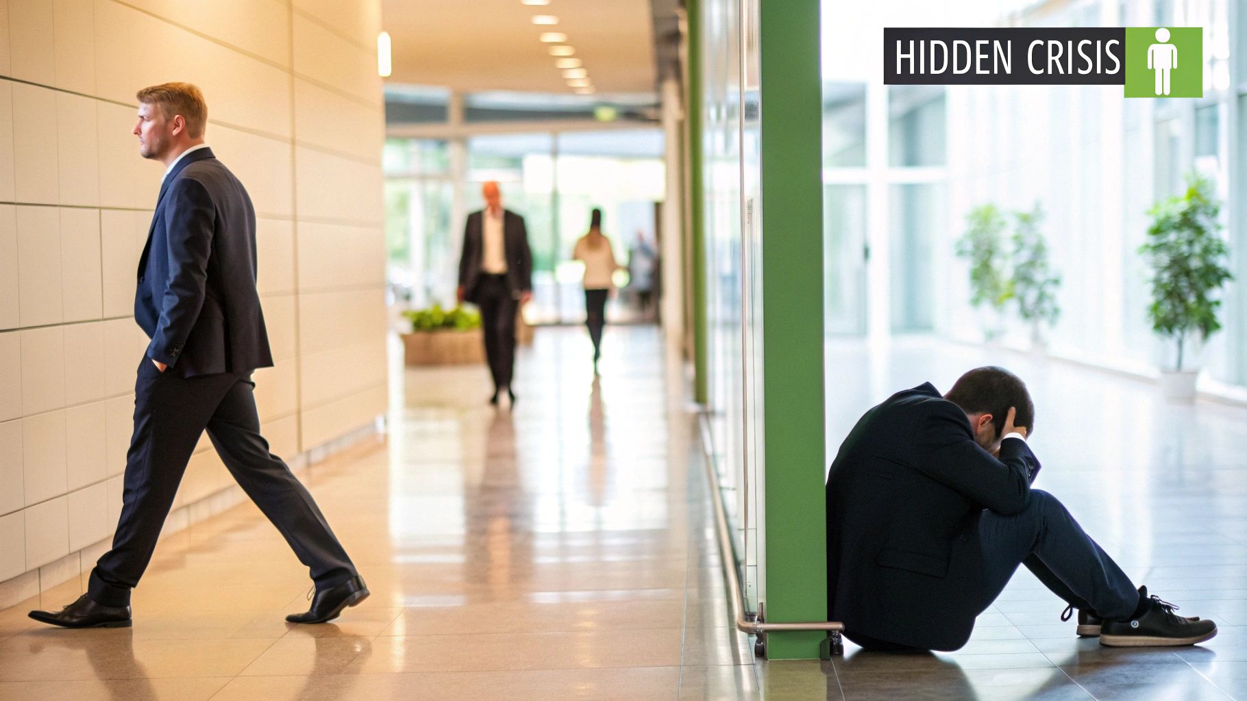 A man in a suit walks past a distressed man slumped on the floor, symbolizing hidden workplace struggles. A man in a suit walks past a distressed man slumped on the floor, symbolizing hidden workplace struggles.