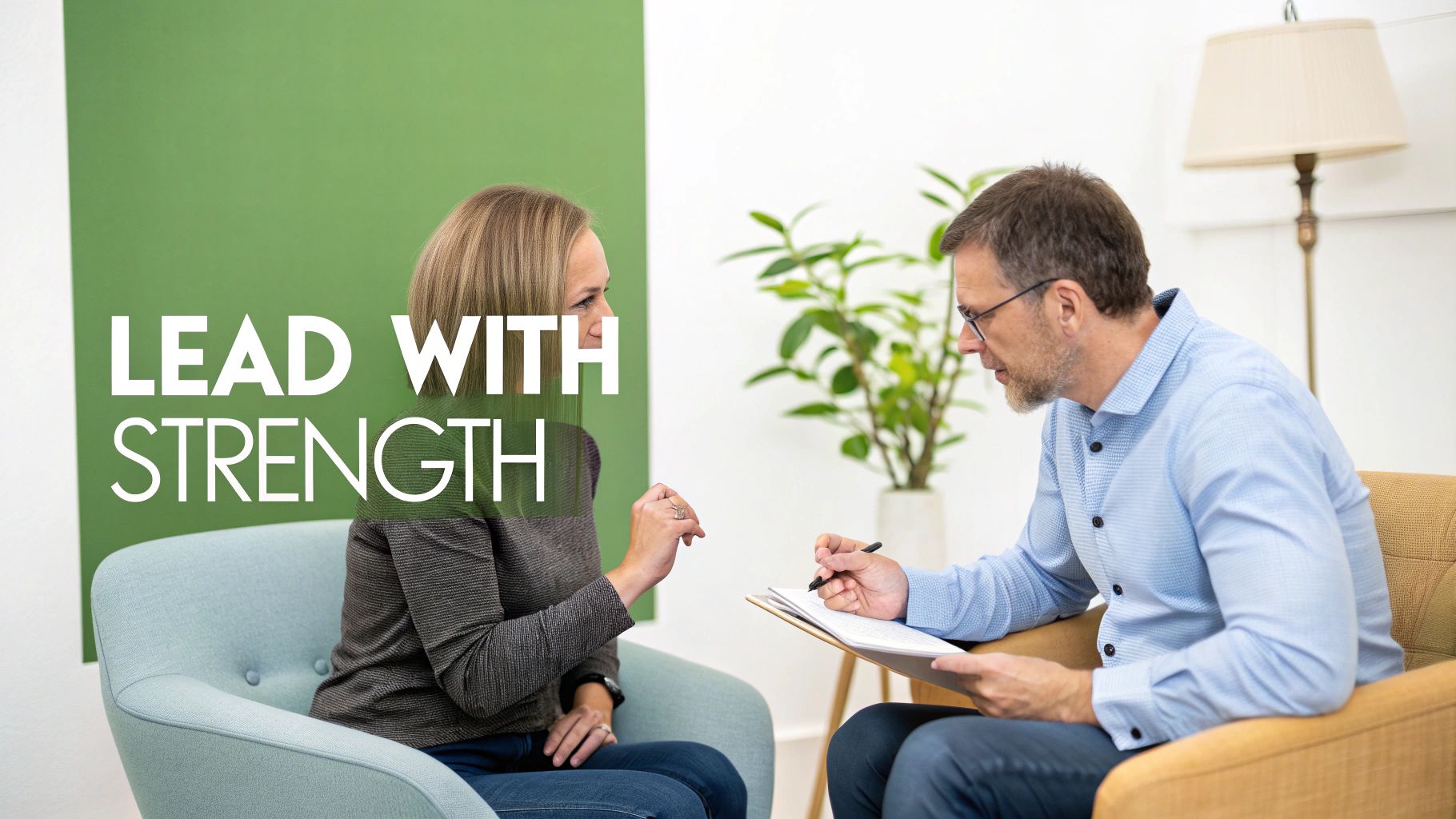 Two professionals, a man and a woman, engaged in a discussion or coaching session with 'Lead with Strength' text.