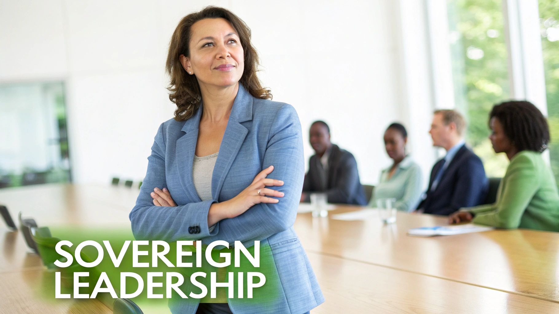 A confident female leader with crossed arms, looking hopeful, in a professional conference room.