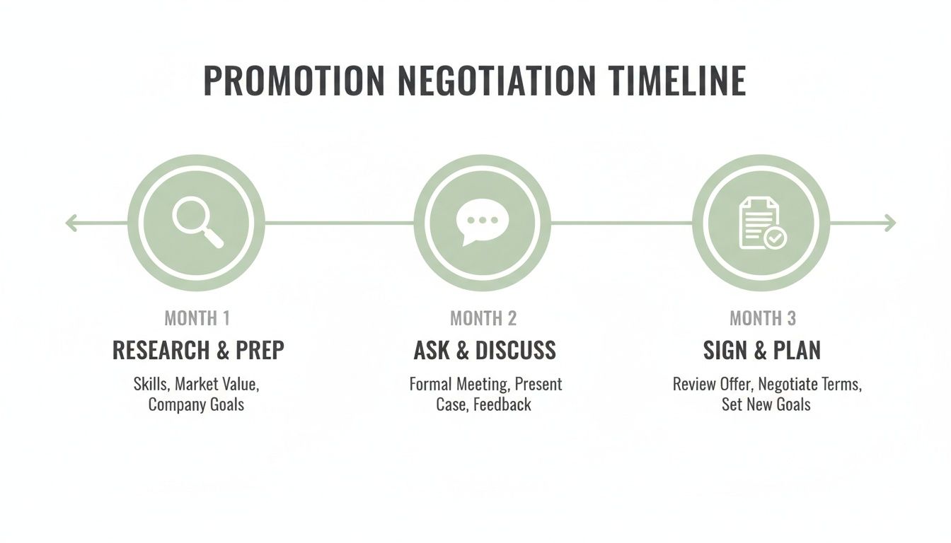 A promotion negotiation timeline showing three months: Research & Prep, Ask & Discuss, and Sign & Plan.