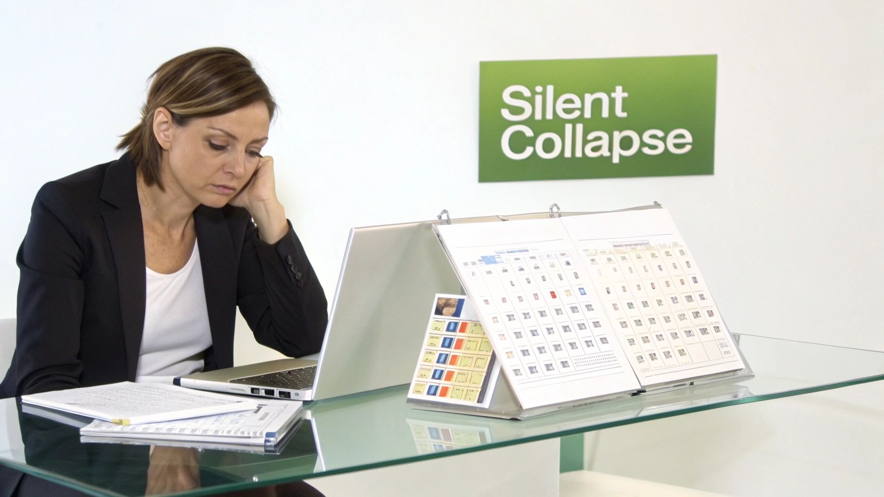 A tired businesswoman sits at a glass desk with a laptop, looking stressed, next to a 'Silent Collapse' sign. A tired businesswoman sits at a glass desk with a laptop, looking stressed, next to a 'Silent Collapse' sign.