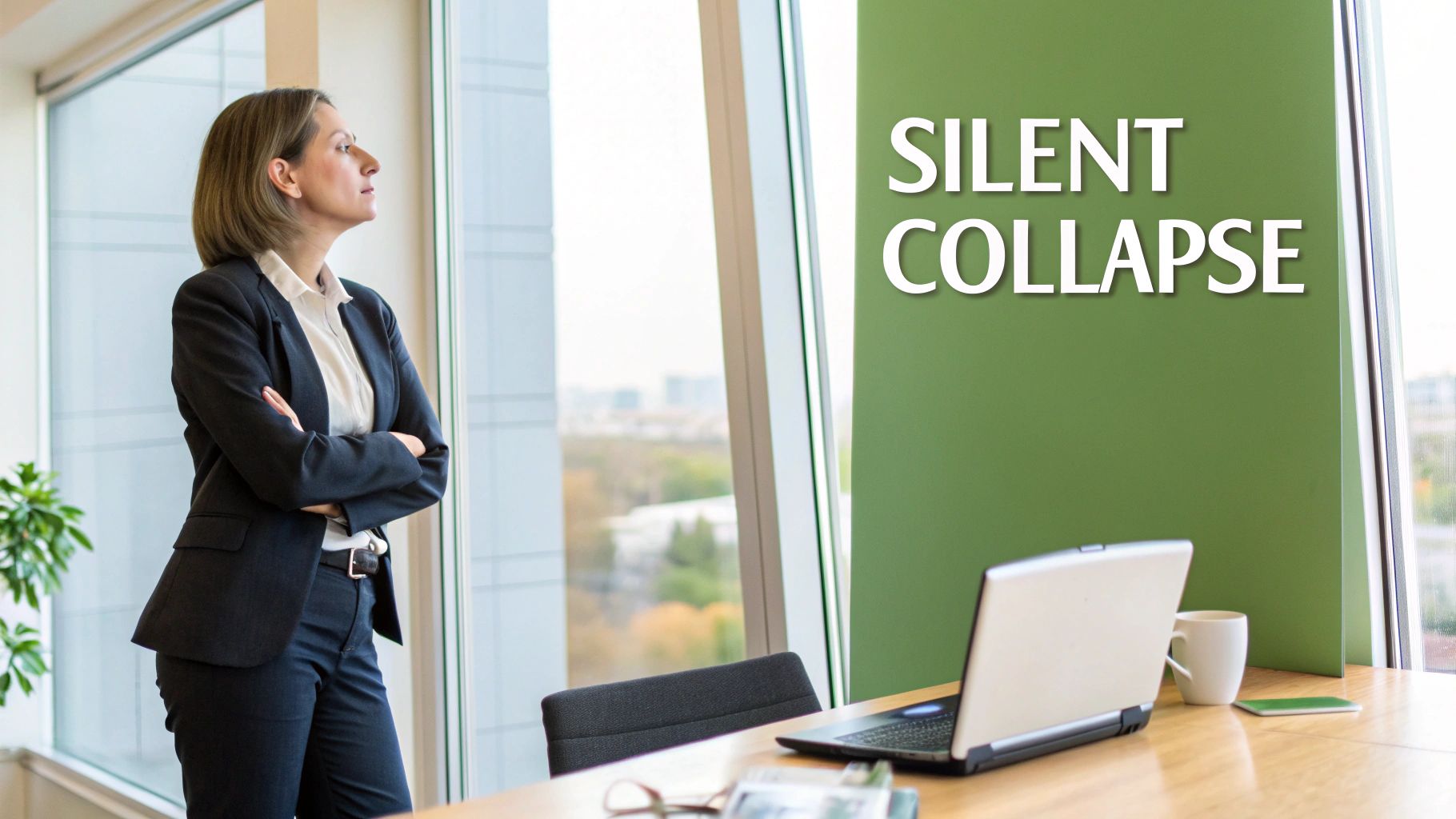 A thoughtful businesswoman looks out an office window, with 'SILENT COLLAPSE' written on a green wall.